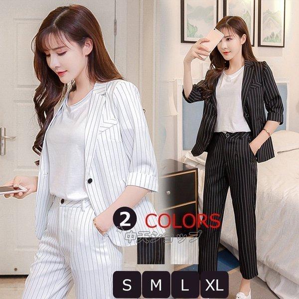 パステルオリーブ パンツスーツレディース 春夏9分丈パンツスーツ韓国風セットol 事務服 30代40代ストライプ白 黒セレモニースーツ フォーマル オフィスご入学式 面接 S Xl Www Southshorehomesinc Com