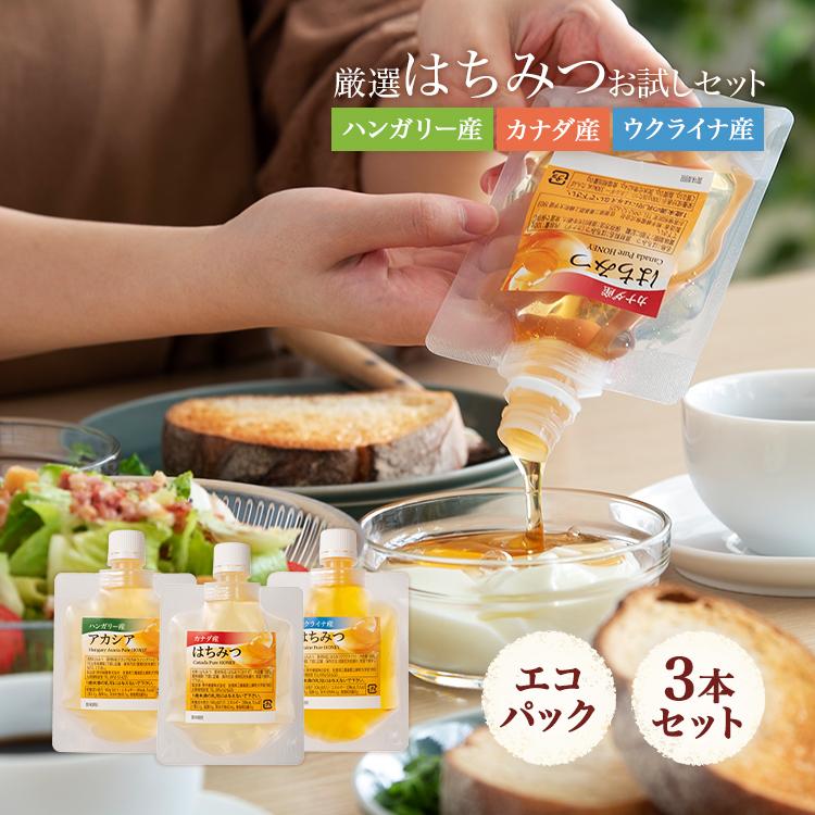 お試し はちみつ 送料無料 (ハンガリーアカシア・カナダ・ウクライナ）各100g×3個  はちみつ食べ比べセット エコパック メール便限定 お試し商品 爆買（Yahoo!・熊手のはちみつ）