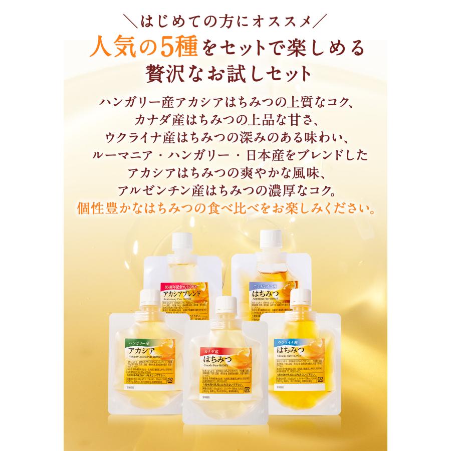 5種類蜂蜜セット(ハンガリーアカシア・カナダ・ウクライナ・アルゼンチン・オリジナルアカシア）各100g×5個  メール便限定 送料無料 お試し商品 サンプル　爆買 | 熊手のはちみつ | 05