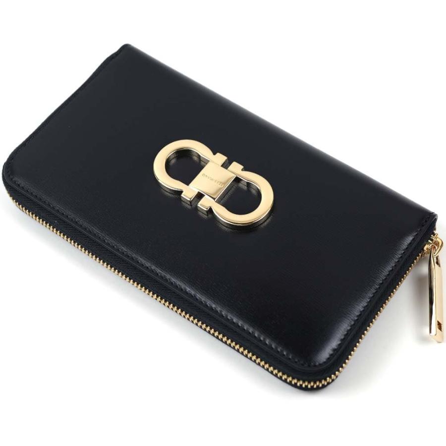 美品 フェラガモ 長財布 ガンチーニ　ラウンドファスナー 黒 ロゴ金具 金ロゴ FERRAGAMO（フェラガモ） 財布 長財布 ガンチーニ レディース ラウンド
