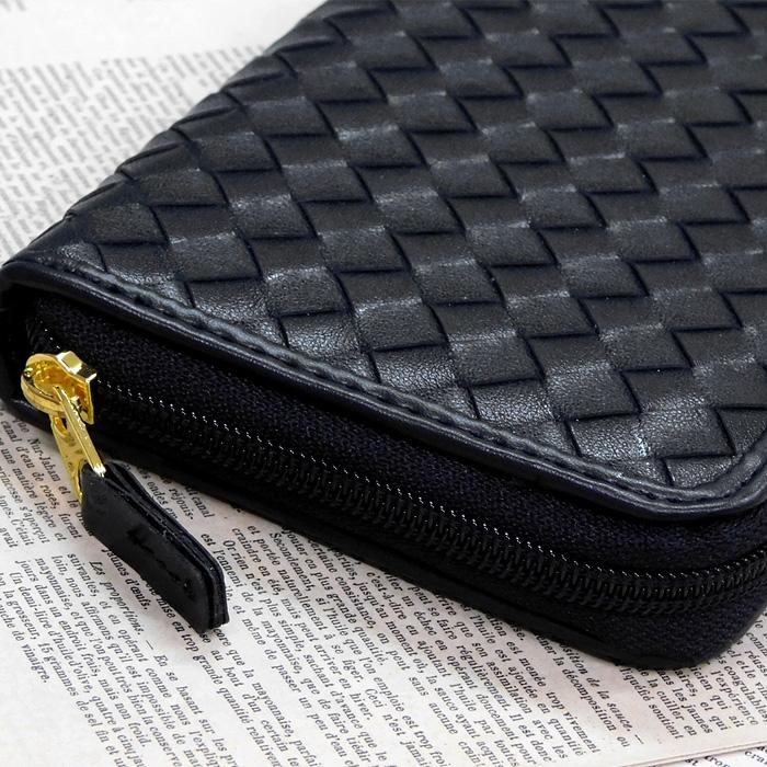 財布 メンズ 長財布 編み込み イントレチャート ラウンドファスナー