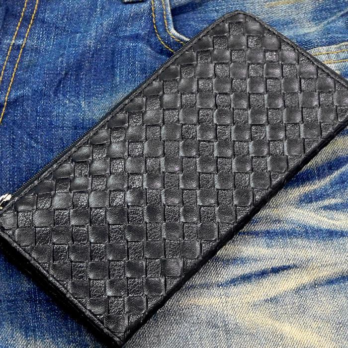 財布 イントレチャート 編み込み 型押し 長財布 黒 L字ファスナー メンズ レディース ロングウォレット 安い 人気 ファスナー ブラック |  | 01