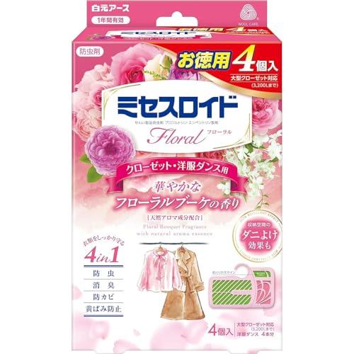 ミセスロイドフローラル 白元アース 衣類防虫剤 クローゼット洋服ダンス用4個入 フローラルブーケの香り 1年間有効 ダニよけ付き 虫除け 防カ
