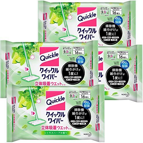 まとめ買いクイックルワイパー フロア用掃除道具 立体吸着ウエットシート シトラスハーブの香り 16枚入×4個 | 