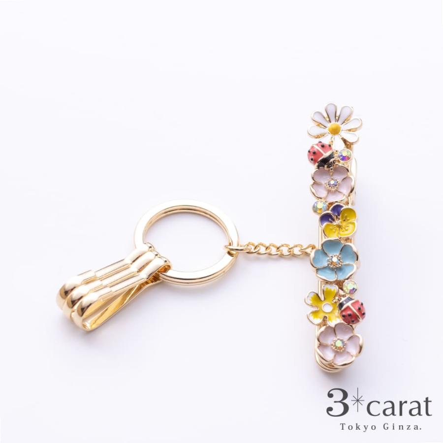 バッグキークリップ お花とてんとう虫 3carat 車 鍵 バッグ チャーム