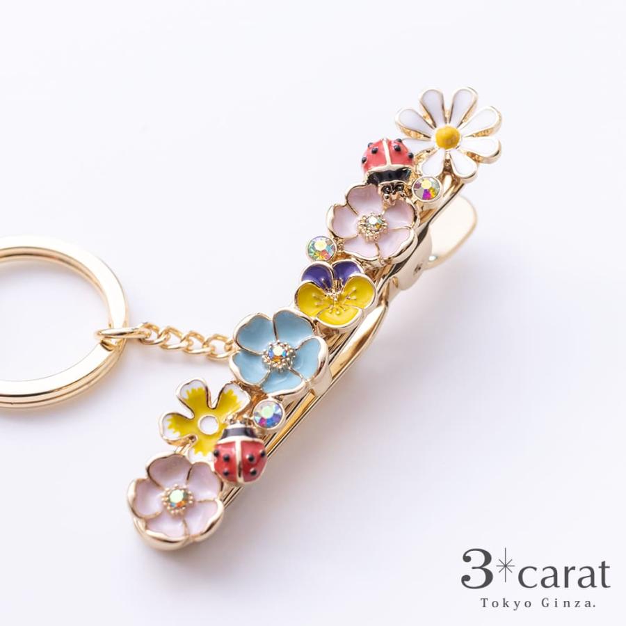 バッグキークリップ お花とてんとう虫 3carat 車 鍵 バッグ チャーム