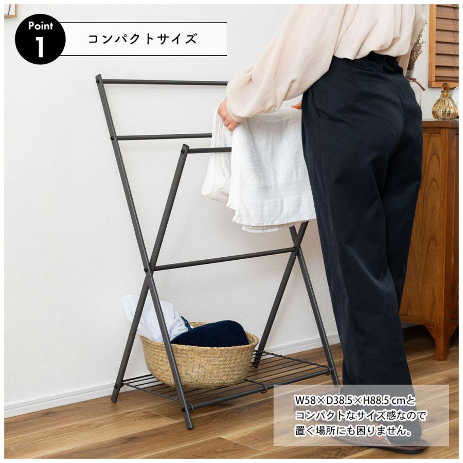 ハンガーラック 棚付き 折りたたみ フォールディング 幅58 奥行38.5 高さ88.5cm 省スペース 3段 タオル 収納 リビング クローゼット 部屋干し 室内干し 軽量 |  | 06