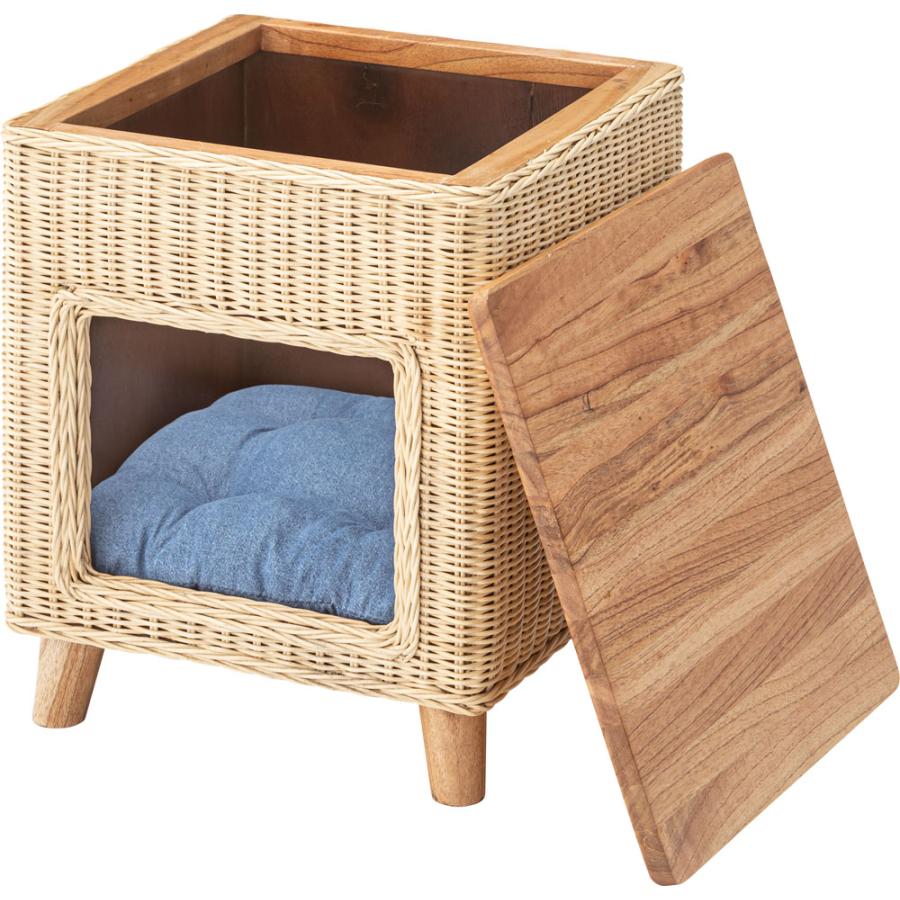 ペットハウススツール スツール テーブル ペットハウス ペットベット ペット クッション付き 脚付き 天板付き 天然木 木製 ラタン 籐 かわいい 収納 |  | 02