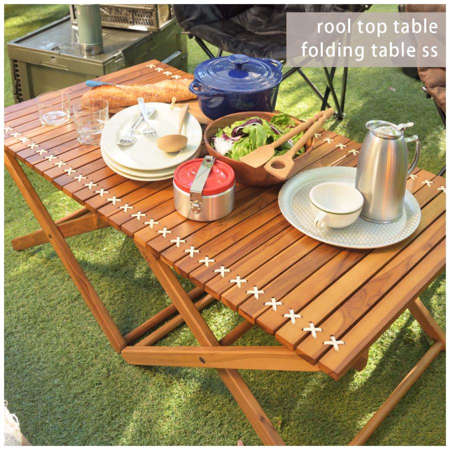 ロールトップテーブル 折りたたみテーブル フォールディング 木製 天然木 チーク 本革 組立式 工具不要 アウトドア キャンプ レジャー BBQ イベント テラス |  | 04