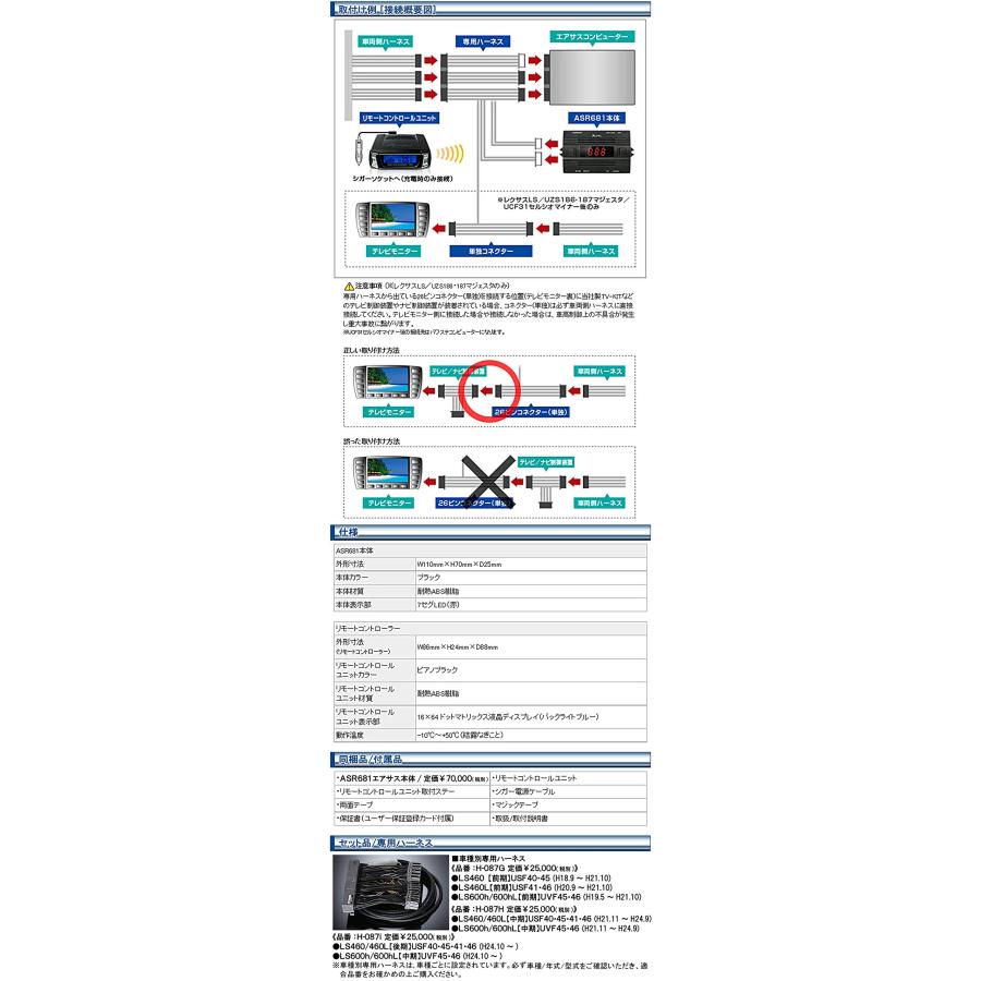 激安通販商品 レクサス LS600h 600hL 前期 ASR681 ワイヤレス H-087G ハーネス セット ハーネス セット エアサス コントローラー データシステム
