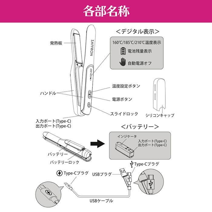 ヘアアイロン ストレートアイロン コードレスバッテリー着脱可能 3段階