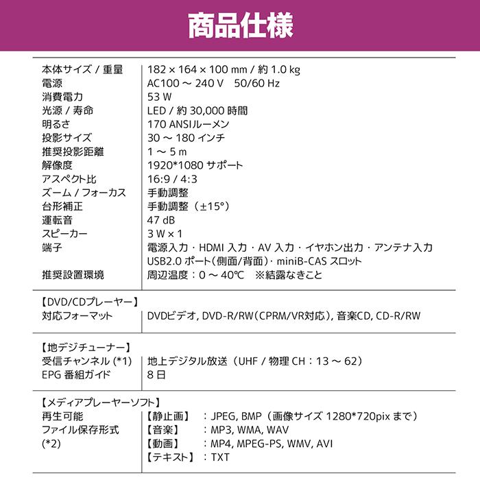 LEDプロジェクター 180インチ フルセグワンセグ自動切換 番組録画 DVD