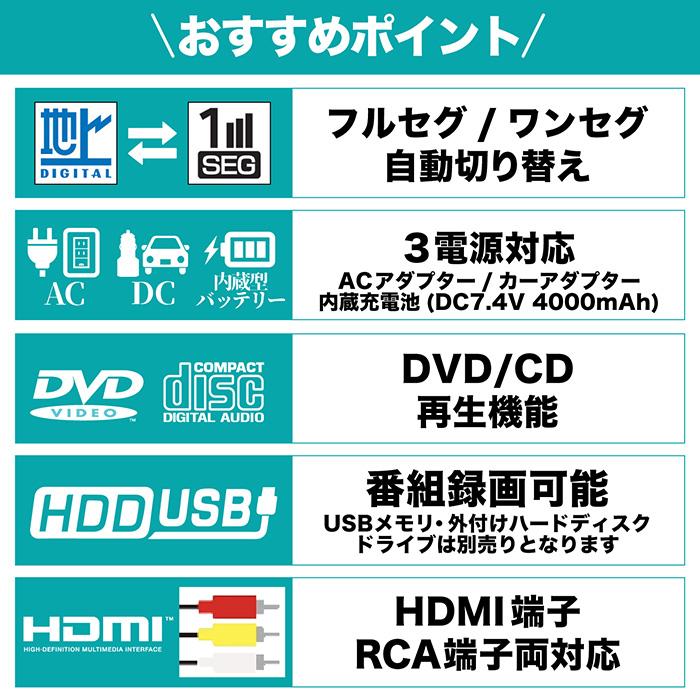 ポータブルDVDプレーヤー 19インチ 地デジ番組録画機能 3電源対応 HDMI