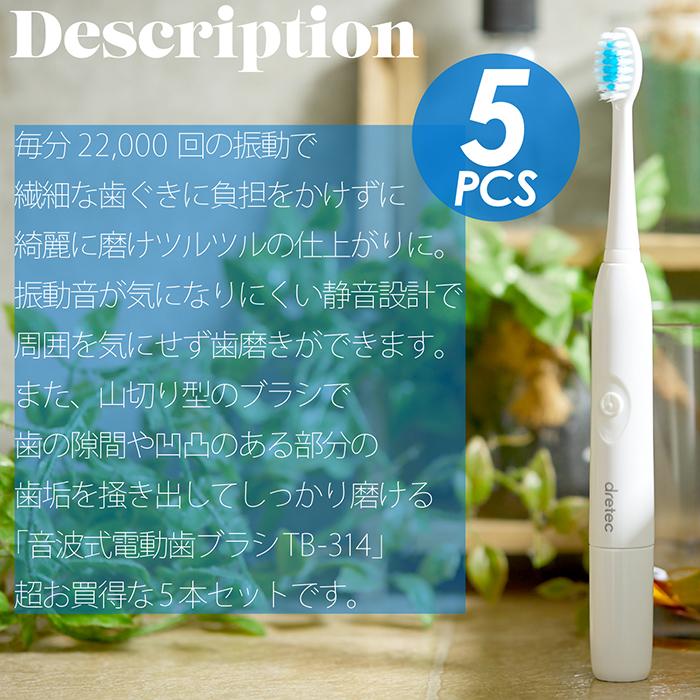電動歯ブラシ 5本セット 音波式 ポータブル 毎分22000回 音波振動 微細