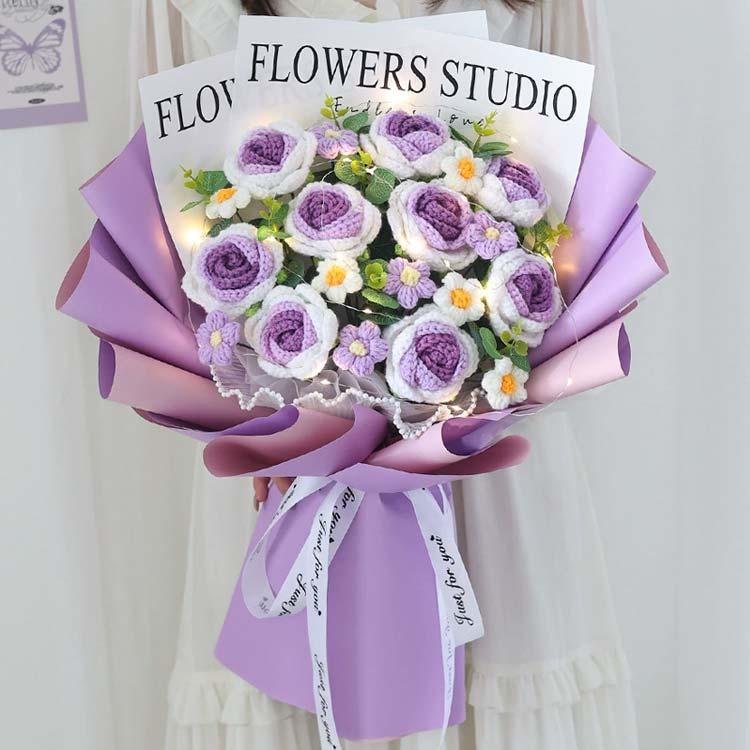 手編み バラの花束 枯れない花 カギ編み ブーケ 造花 9輪 かぎ編み花