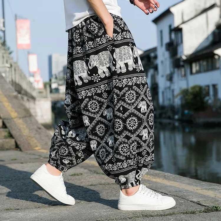【新品】象柄タイパンツ　アラジンパンツ　ブラック　F603-4 象柄パンツ アラジンパンツ ワイドパンツ レディース 袴パンツ