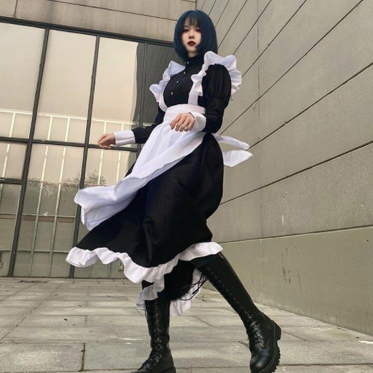 4点セット ワンピース カチューシャ 男性 ロング丈 エプロン 女子 仮装