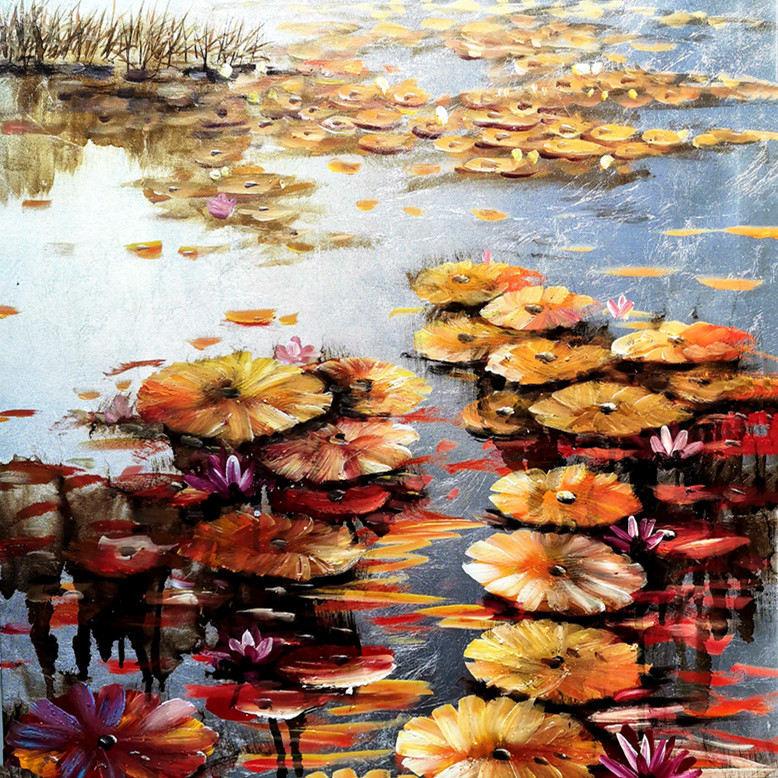 手描き油絵 蓮 インテリア絵画 肉筆油絵 アートパネル 60×90cm 木枠張り