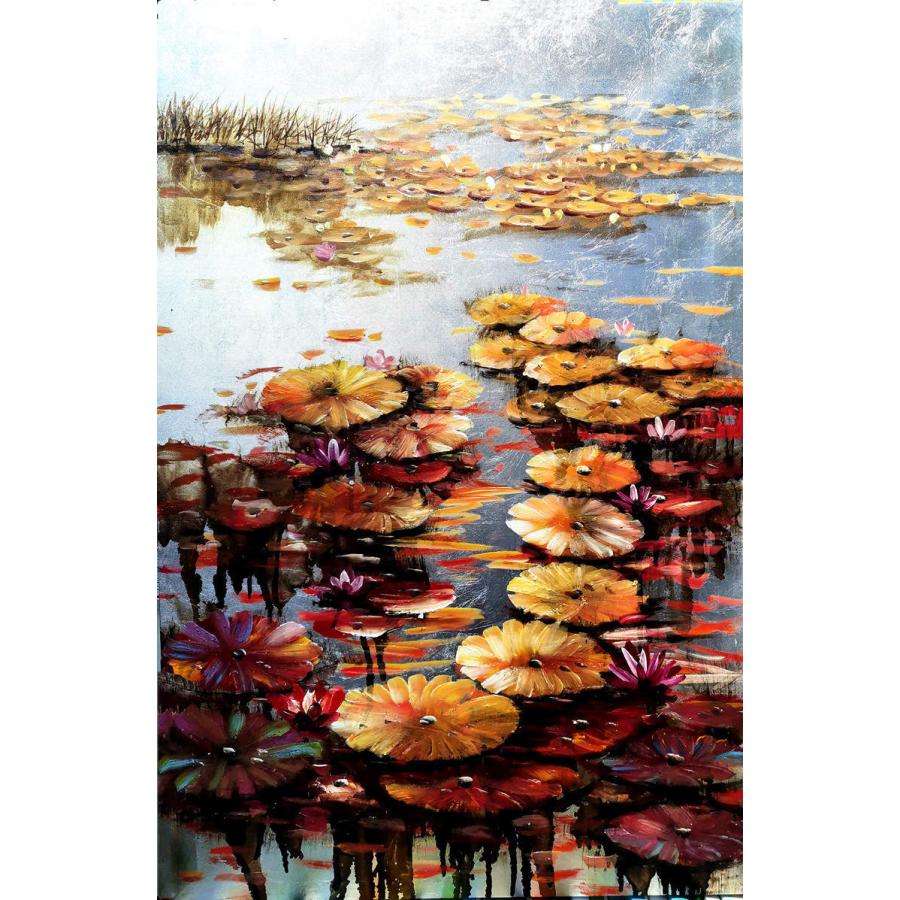 手描き油絵 蓮 インテリア絵画 肉筆油絵 アートパネル 60×90ｃｍ 木枠張り_1