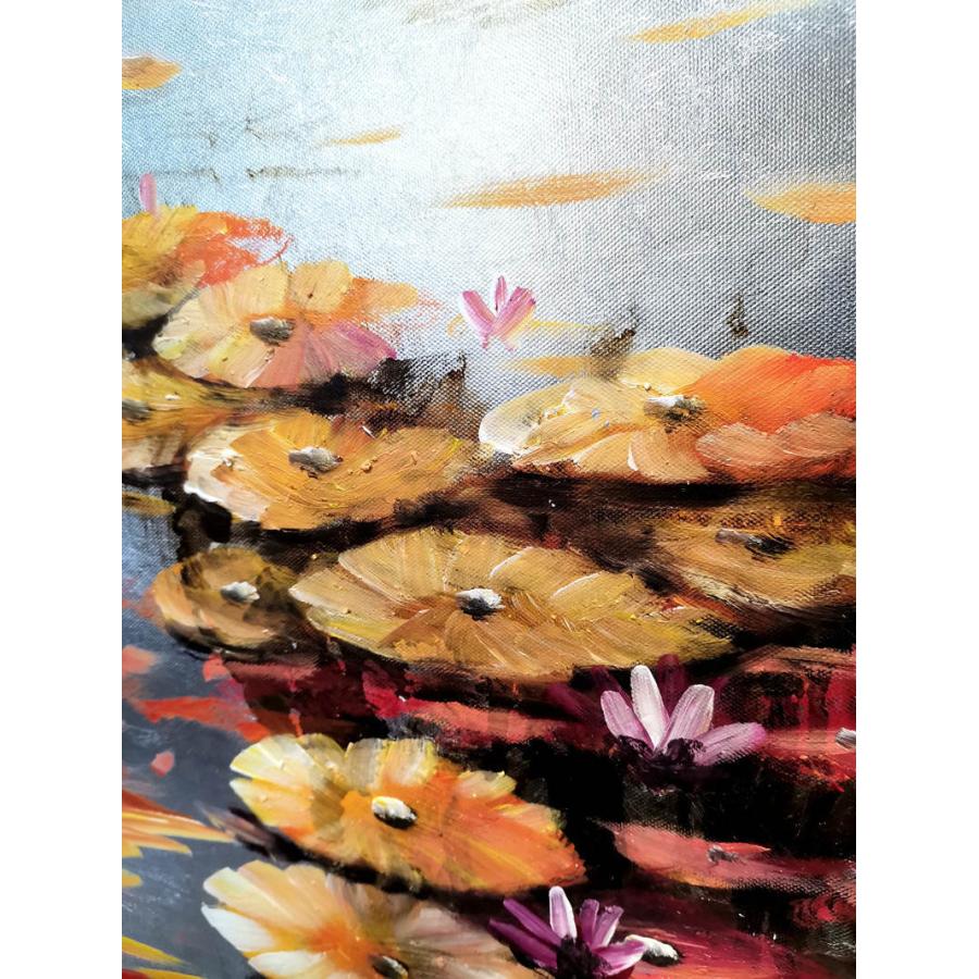 手描き油絵 蓮 インテリア絵画 肉筆油絵 アートパネル 60×90ｃｍ 木枠張り_2