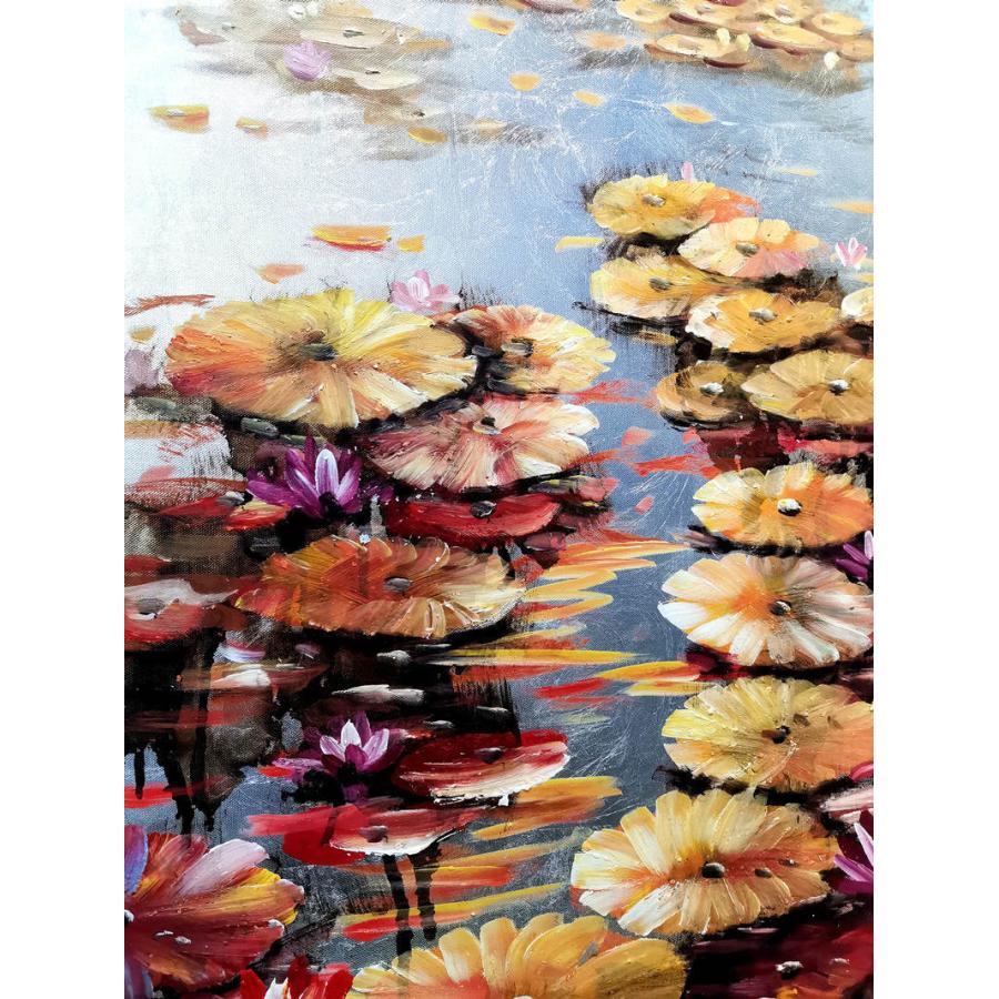 手描き油絵 蓮 インテリア絵画 肉筆油絵 アートパネル 60×90ｃｍ 木枠張り_3