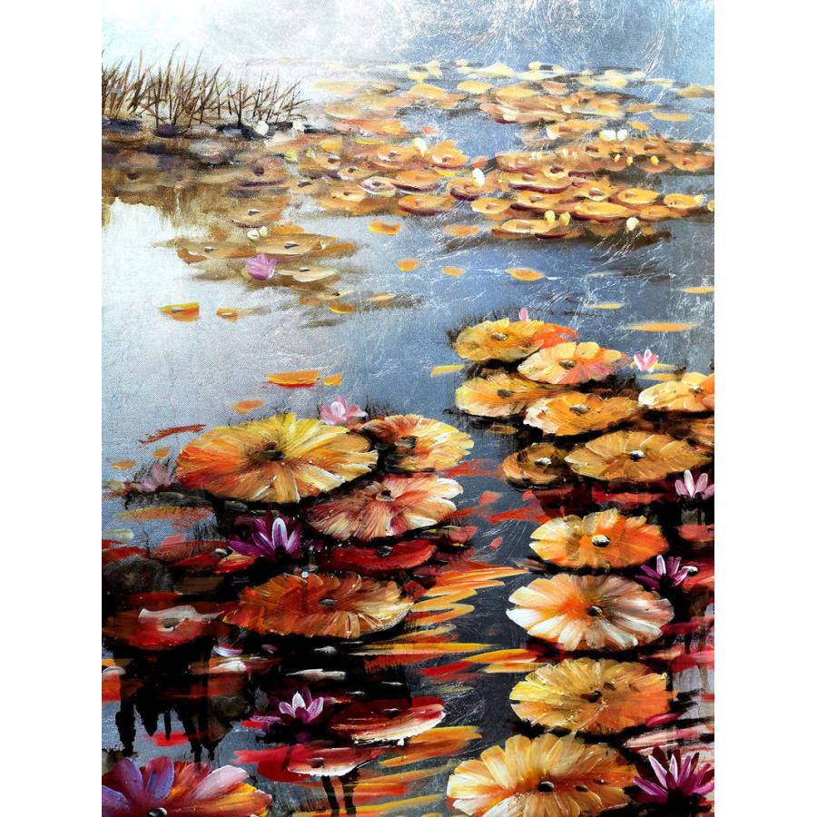 手描き油絵 蓮 インテリア絵画 肉筆油絵 アートパネル 60×90ｃｍ 木枠張り_4