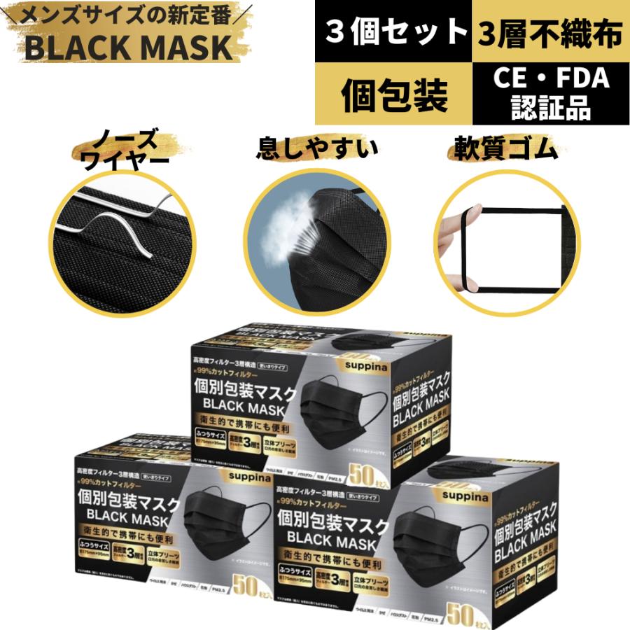 マスク　超冷感　接触冷感マスク　ブラック　３枚入り10袋 マスク 黒マスク 不織布 布 使い捨て 大きめ 冷感 立体 メンズ ヒゲ 50