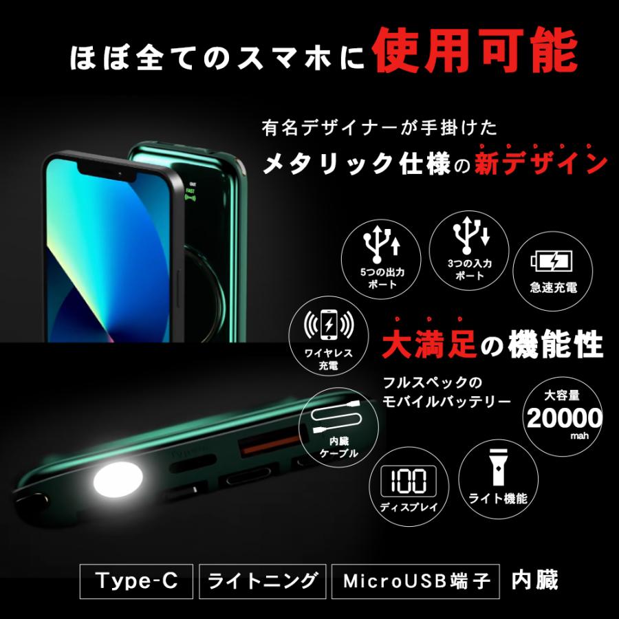 モバイルバッテリー ワイヤレス 大容量 20000mah 軽量 ケーブル内蔵
