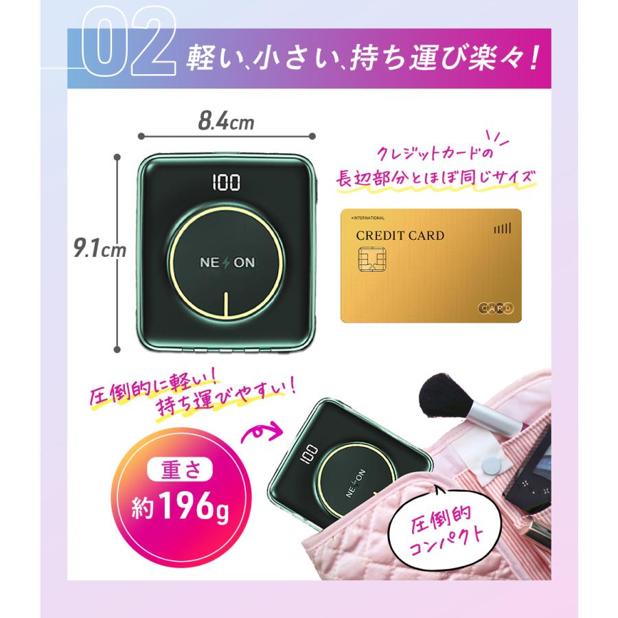 モバイルバッテリー 軽量 大容量 iphone 小型 ケーブル内蔵 20000mah ワイヤレス qi コンパクト 薄型 type-c 超小型 急速 pd neon公式｜3r-store｜13