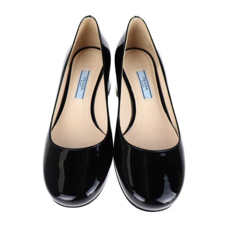 超美品 PRADA プラダ パンプス ＃34 1/2 エナメル ブラック チャンキー 