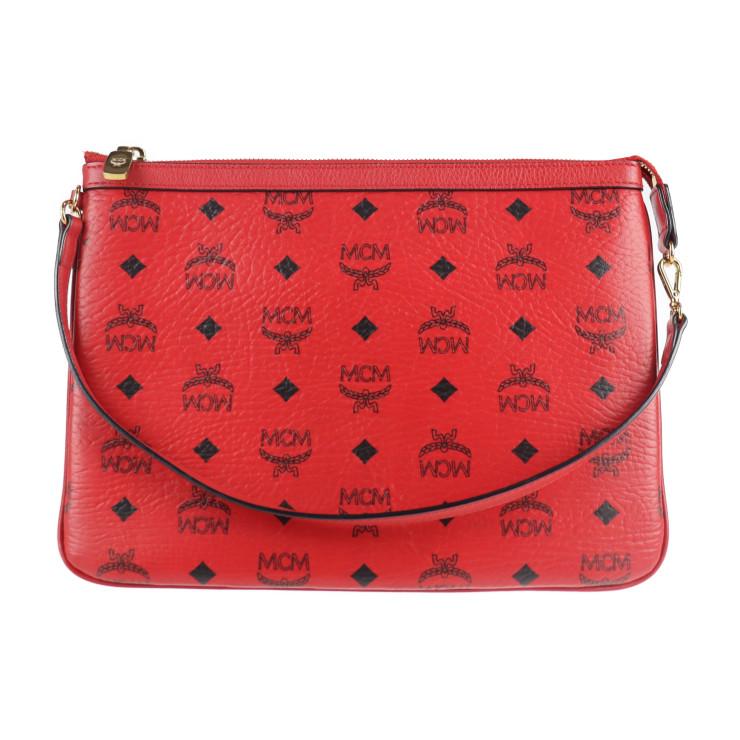 超美品 MCM エムシーエム ショルダーバッグ レザー レッド ゴールド金具 ヴィセトス柄 クラッチバッグ ハンドバッグ【本物保証