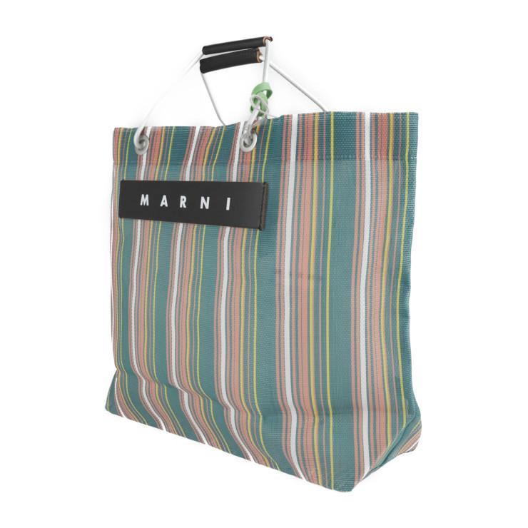 【未使用】MARNI マルニ SHMHR08A00　 ストライプ フラワー カフェ ショッピングバッグ トートバッグ ハンドバッグ ナイロン / アルミニウム/レザー ブラウン レディース 未使用】MARNI マルニ SHMHR08A00 ストライプ フラワー カフェ