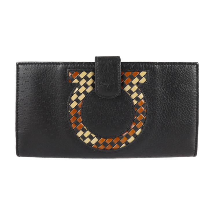 【美品】サルヴァトーレフェラガモ　ガンチーニ　折りたたみ財布　ブラウン　レザー サルバトーレフェラガモ Salvatore Ferragamo 二つ折り財布 ガンチーニ