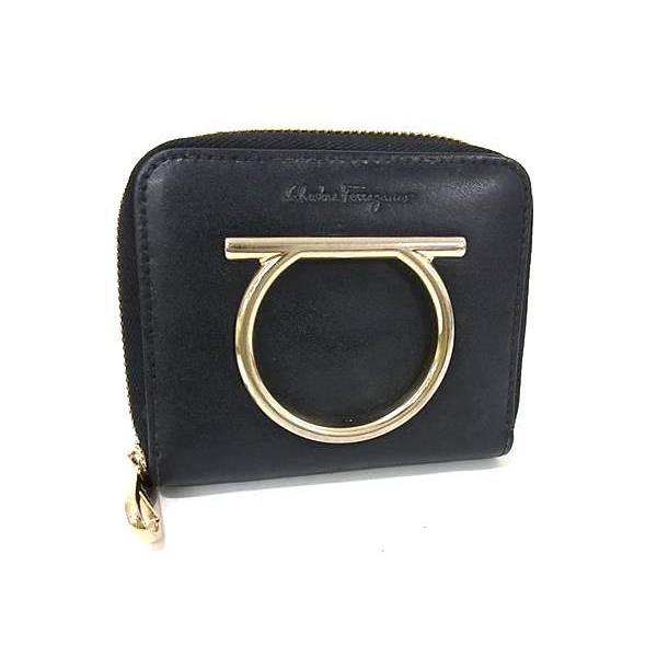 Salvatore Ferragamo フェラガモ 財布 ガンチーニ 22 D290 ブラック レザー ユニセックス ラウンドファスナー 二つ折り 財布【本物保証】 FERRAGAMO（フェラガモ） 財布 ガンチーニ レザー 22 D290 ラウンド
