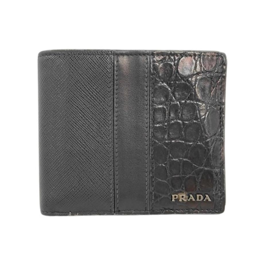PRADA（プラダ） 二つ折り財布 2MO738 レザー×クロコダイル ブラック系