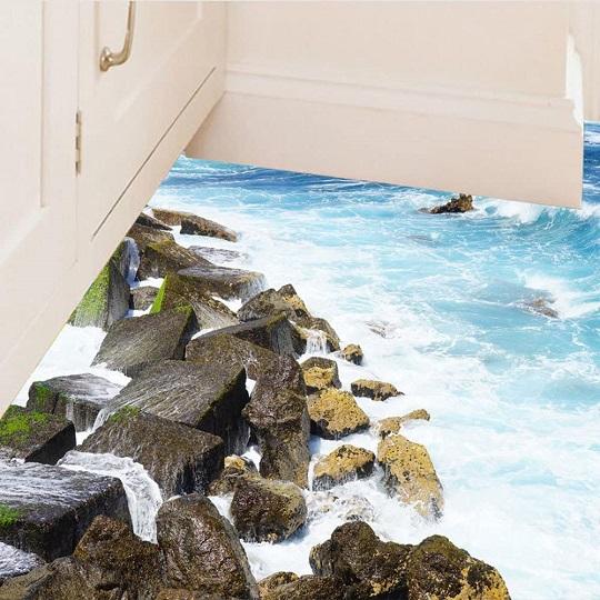 ウォールステッカー 海岸の波 岩礁 3D 床用シール さわやか 浅瀬 