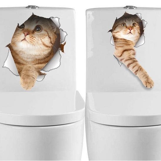 2枚セット ウォールステッカー 猫 3D トイレシール 穴から顔出す 動物 イラスト 便器 便所 ドア 家具