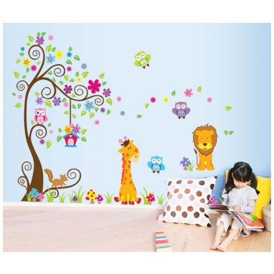 壁紙 シール 大判 動物たちとツリー ウォールステッカー 可愛い キリン ライオン はがせる フクロウ animalbigtree