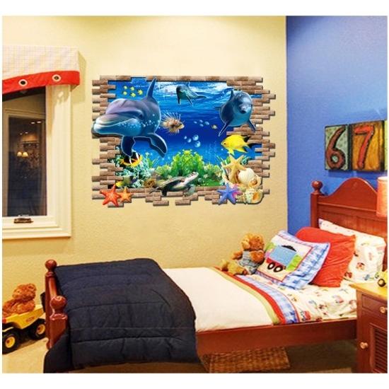 ウォールステッカー 飛び出す 海底のイルカ 3D 壁シール 魚 水族館気分