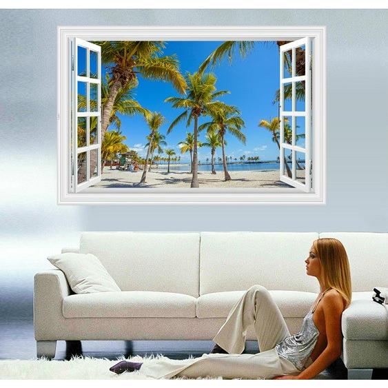 ウォールステッカー 窓枠 ヤシの木とビーチの風景 青空 壁紙シール 開放的 海沿い まるでリゾート地 | ブランド登録なし | 02