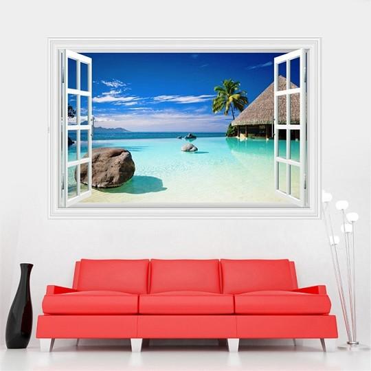 ウォールステッカー 偽窓 プライベートビーチ ヤシの木 壁紙シール