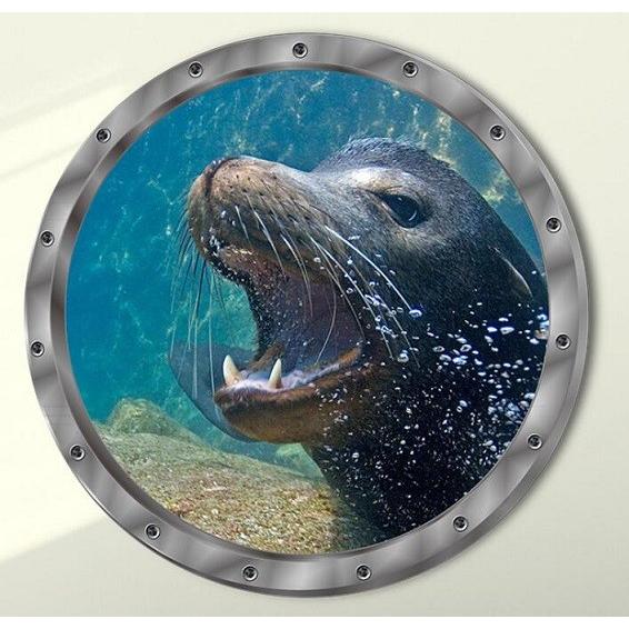 ウォールステッカー 潜水艦窓から アシカ 最大93％オフ 3D壁シール 覗き見る 生き物 動物 57％以上節約 海中 リアルな