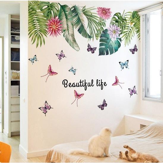 壁紙シール 大 ハワイアングリーンリーフ 花と蝶 ウォールステッカー ヤシの葉 観葉植物 モンステラ｜41wallsticker｜02