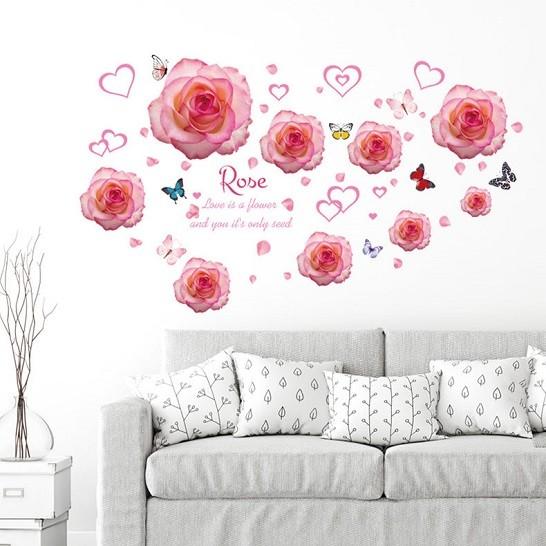 ウォールステッカー ピンクの薔薇の花と蝶々 壁シール ハート 可愛い ローズ バラ デコレーション 傷隠し