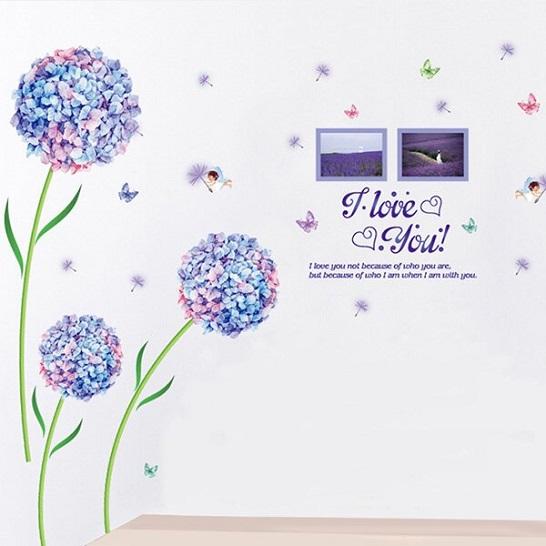 ウォールステッカー あじさいの花球 写真フレーム 壁紙シール 蝶と綿毛 英文 上品 ハート 妖精 青紫 在庫一掃