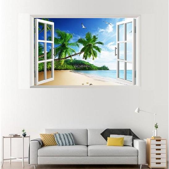 ウォールステッカー 窓 ヤシの木とロングビーチ 壁紙シール はがせる 南の島 青い空と海 常夏の庭 windowlongbeach