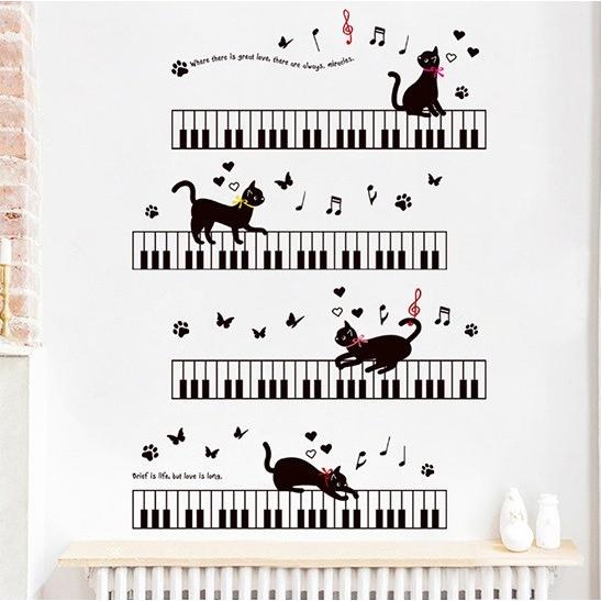 ウォールステッカー ピアノ 鍵盤上の黒猫 壁紙シール 音符 肉球 かわいい 足跡 ハート 英語 蝶 音楽 Xl54 41ウォールステッカー 通販 Yahoo ショッピング