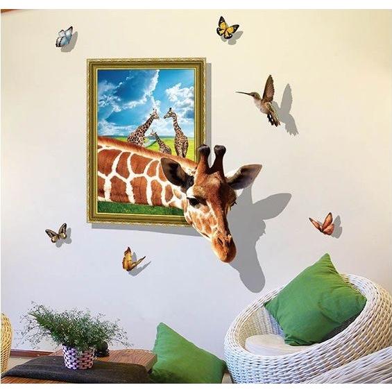 最旬トレンドパンツ ウォールステッカー 写真枠から 飛び出るキリン 3d壁シール 可愛い 動物 長い首 影付き 蝶々 草原 Supplystudies Com