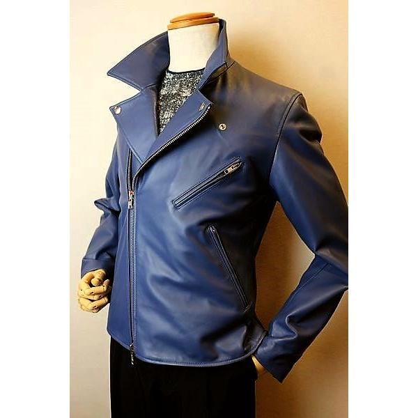 ラウラフェリーチェ Laura Felice ライダースジャケット ブルー 秋冬定番品 レザーブルゾン メンズウェアの画像