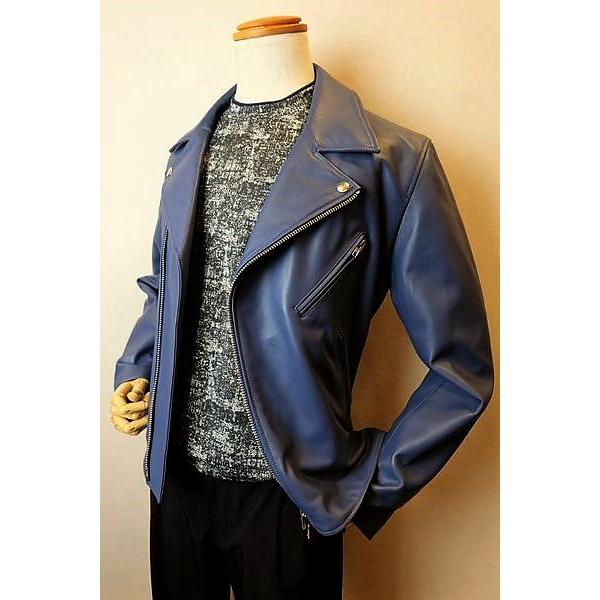 ラウラフェリーチェ Laura Felice ライダースジャケット ブルー 秋冬定番品 レザーブルゾン メンズウェアの画像